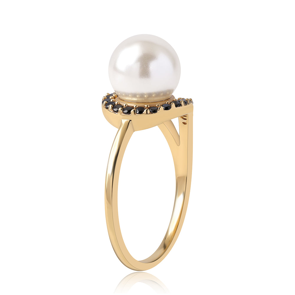 Anillo de Plata Bañada en Oro con Espinela Negra y Perla blanca de agua dulce 2 