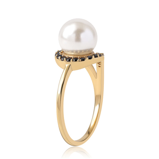 Anillo de Plata Bañada en Oro con Espinela Negra y Perla blanca de agua dulce