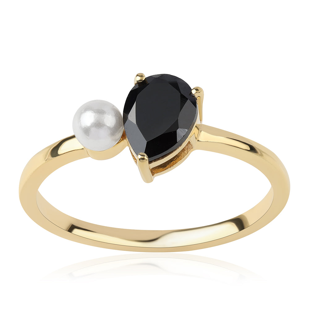 Anillo de Plata Bañada en Oro con Espinela Negra y Perla blanca de agua dulce 1 