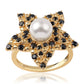 Anillo de Plata Bañada en Oro con Espinela Negra y Perla blanca de agua dulce