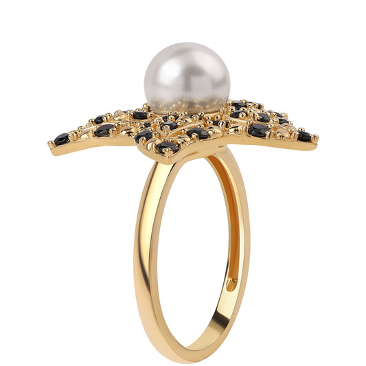 Anillo de Plata Bañada en Oro con Espinela Negra y Perla blanca de agua dulce