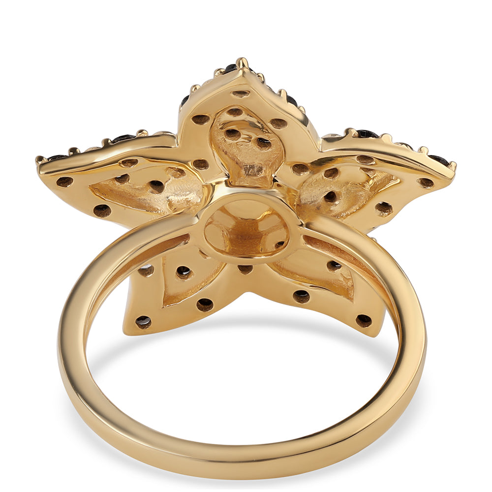 Anillo de Plata Bañada en Oro con Espinela Negra y Perla blanca de agua dulce