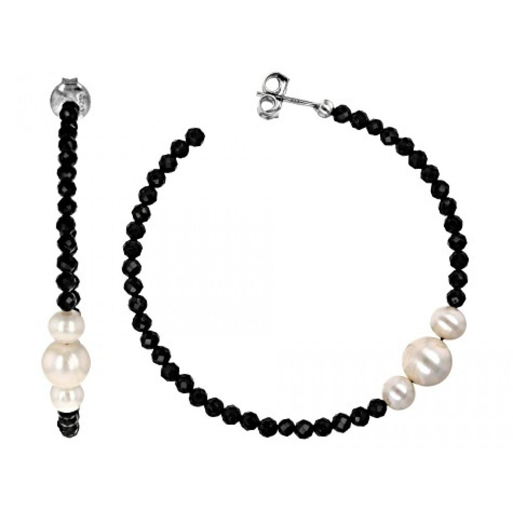 Pendientes de Plata Bañada en Oro con Espinela Negra y Perla blanca de agua dulce