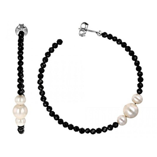 Pendientes de Plata Bañada en Oro con Espinela Negra y Perla blanca de agua dulce