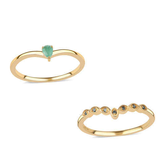 Conjunto de Plata Bañada en Oro con Diamante Azul y Esmeralda de Brasil ( Anillo )