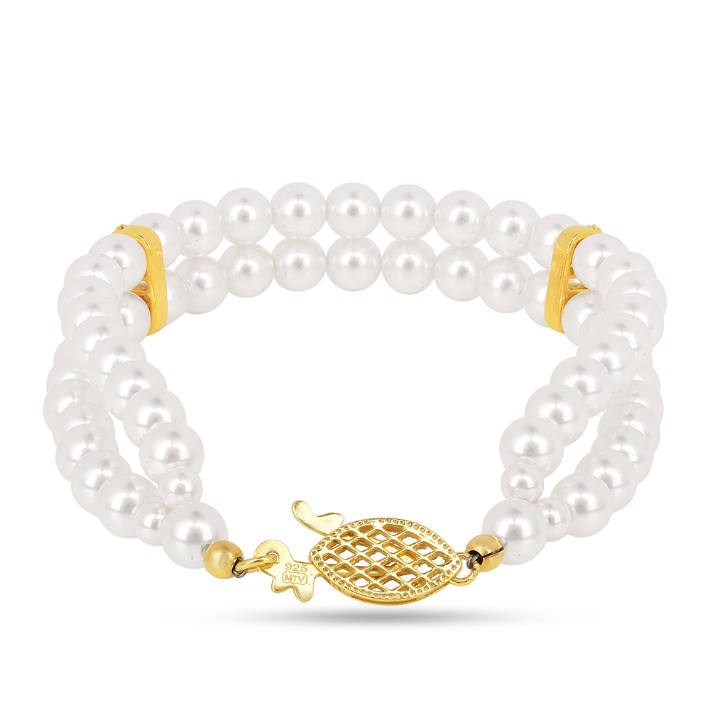Pulsera de Plata Bañada en Oro con Perla de Agua Dulce Crema y Zircón Blanco