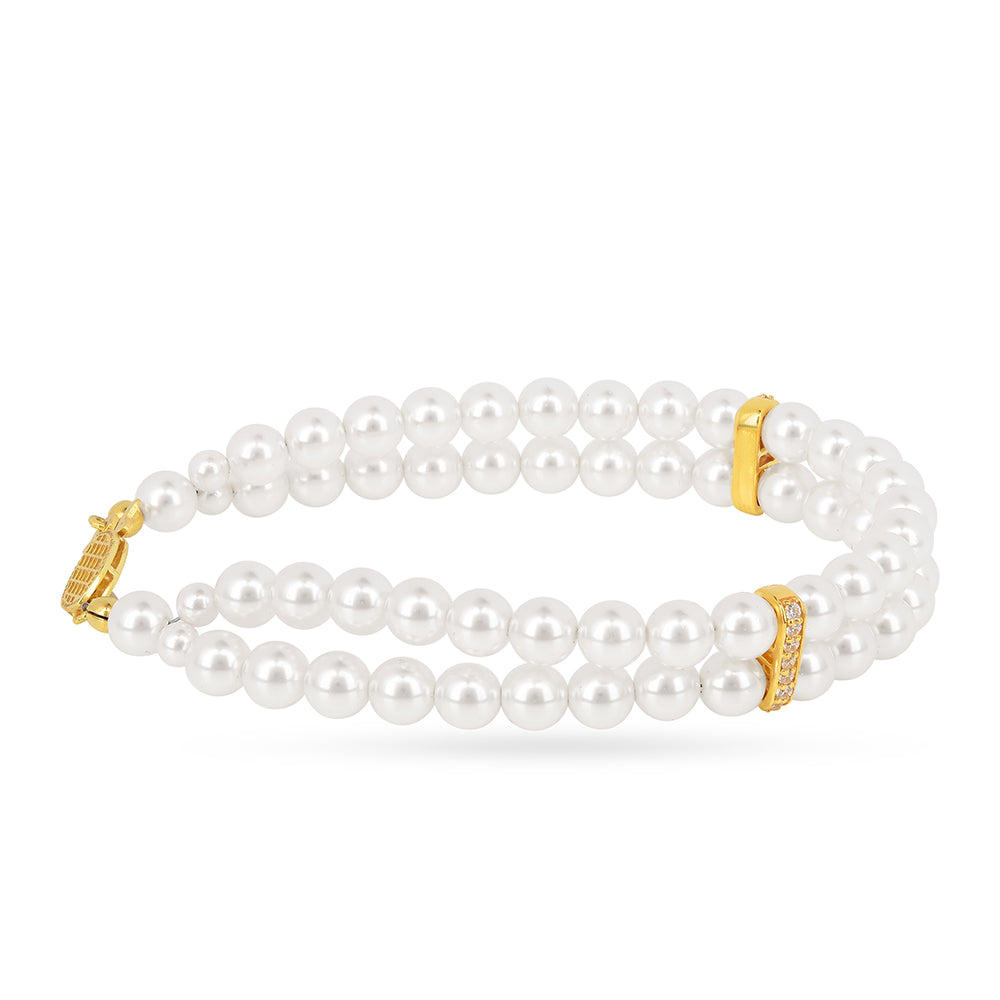 Pulsera de Plata Bañada en Oro con Perla de Agua Dulce Crema y Zircón Blanco