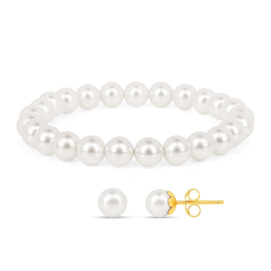 Conjunto de Plata Bañada en Oro con Perla de Agua Dulce Crema ( Pendientes +Pulsera )