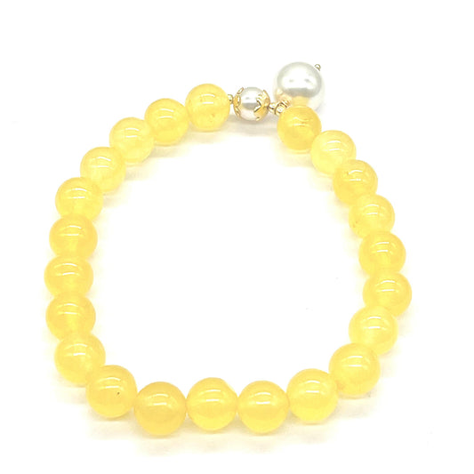 Pulsera de Plata Bañada en Oro con Jadeíta amarilla del río Marsden y Perla de cristal