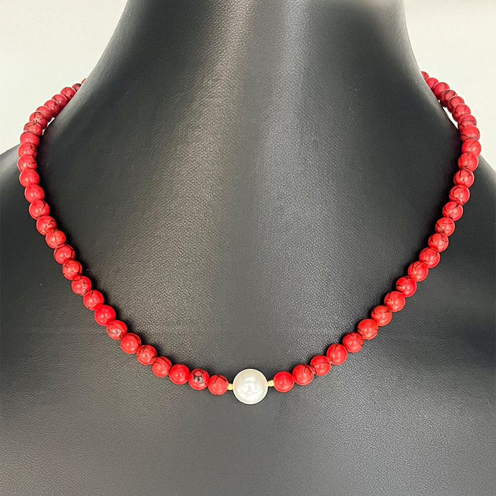 Collar de Plata Bañada en Oro con Coral de Esponja Roja y Perla de cristal 1 