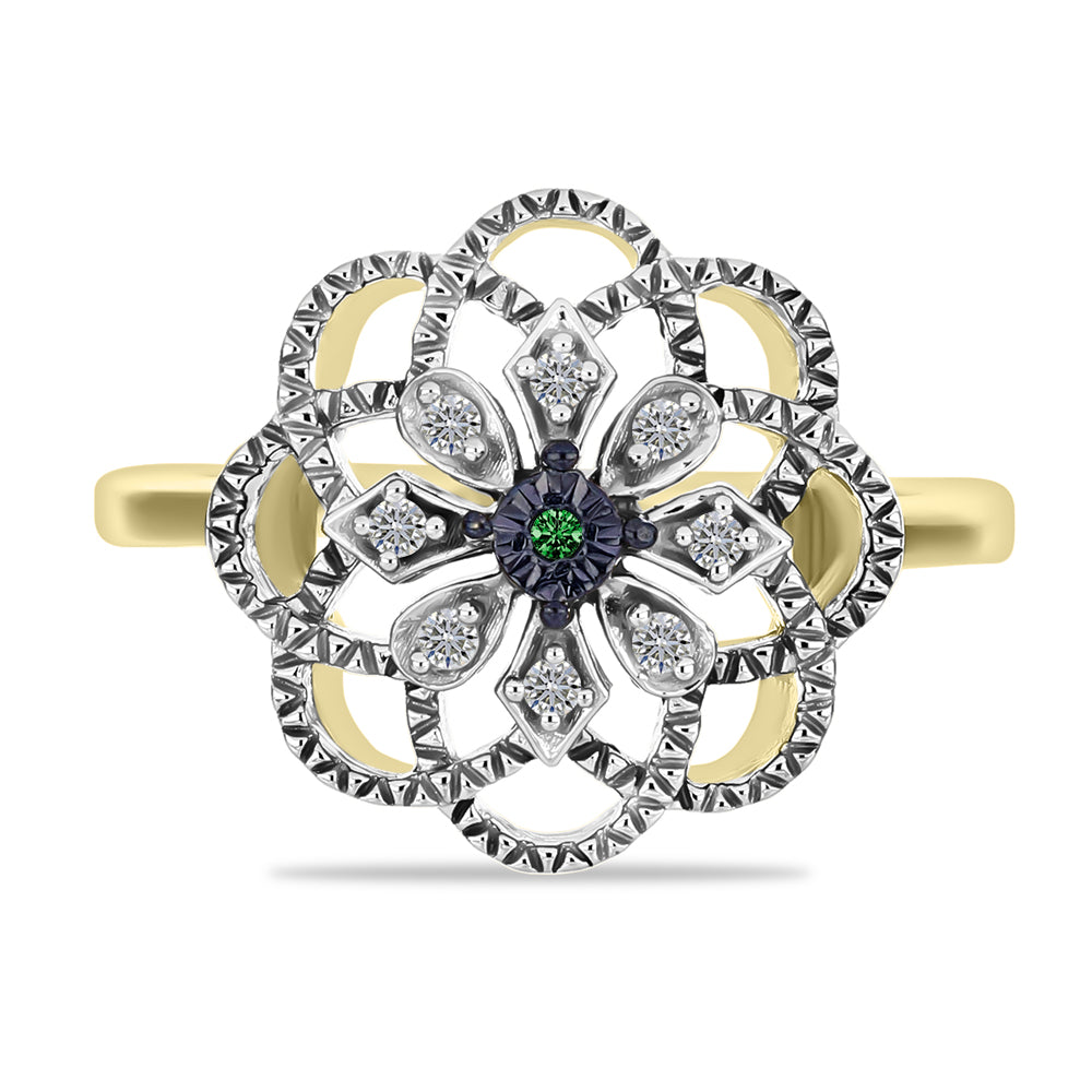 Anillo de Plata Bañada en Oro con Diamante Verde y Diamante blanco 1 