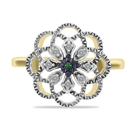 Anillo de Plata Bañada en Oro con Diamante Verde y Diamante blanco