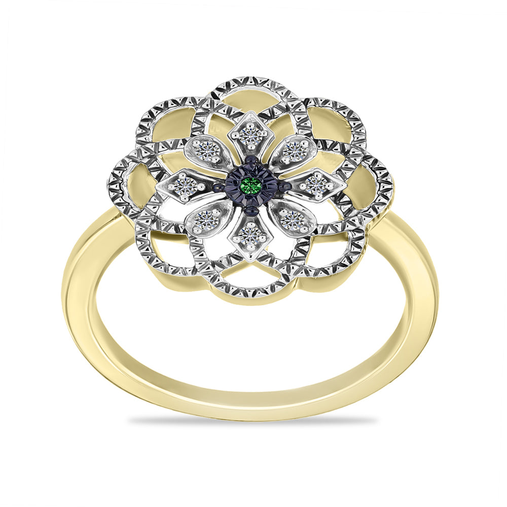 Anillo de Plata Bañada en Oro con Diamante Verde y Diamante blanco