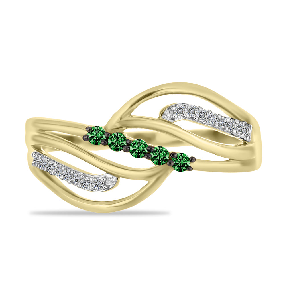 Anillo de Plata Bañada en Oro con Diamante Verde y Diamante blanco