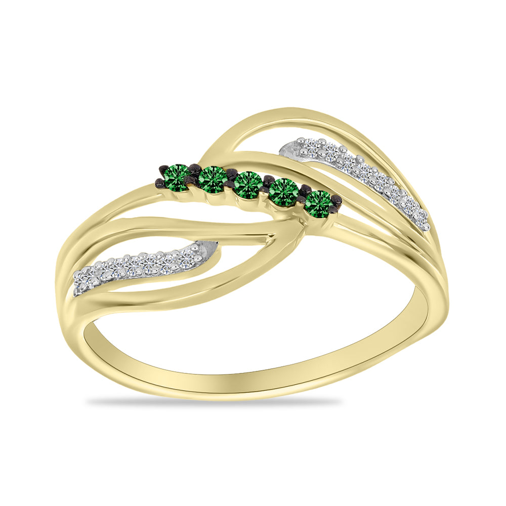 Anillo de Plata Bañada en Oro con Diamante Verde y Diamante blanco