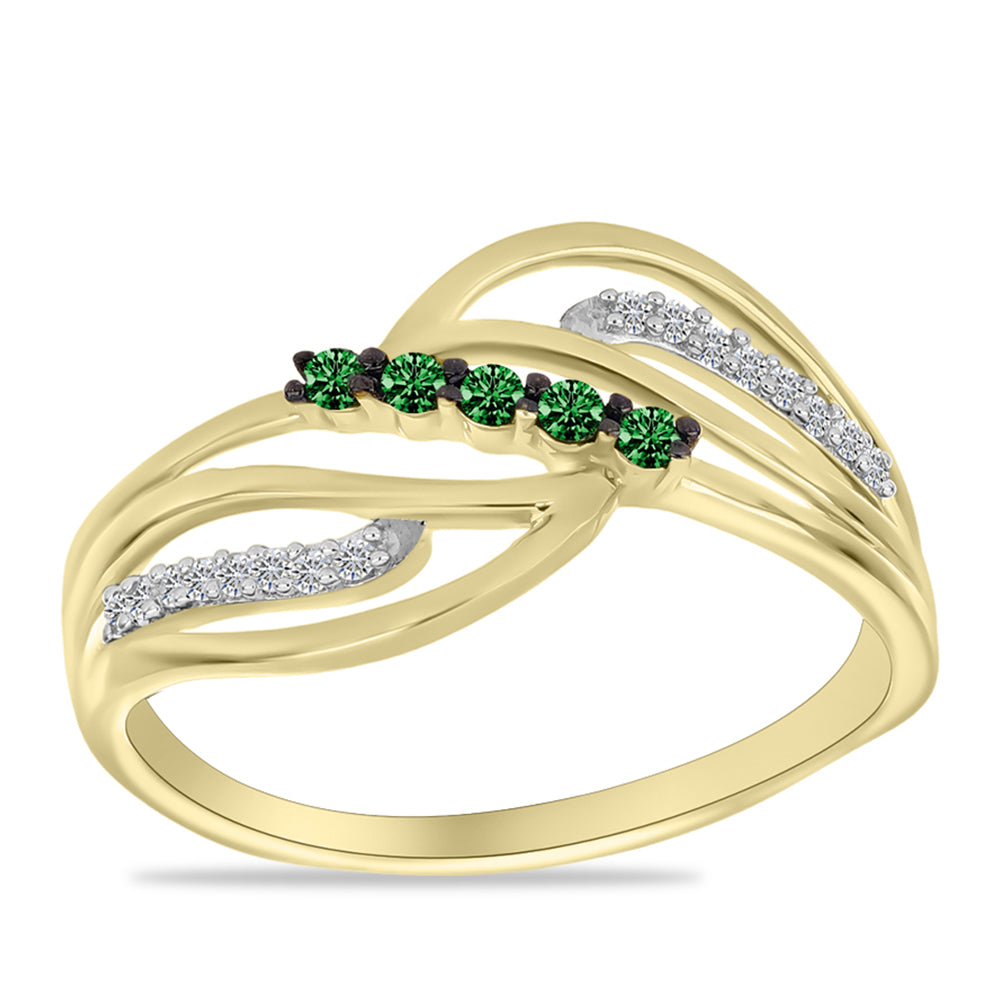 Anillo de Plata Bañada en Oro con Diamante Verde y Diamante blanco