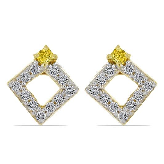 Pendientes de Plata Bañada en Oro con Diamante Amarillo y Zircón blanco natural