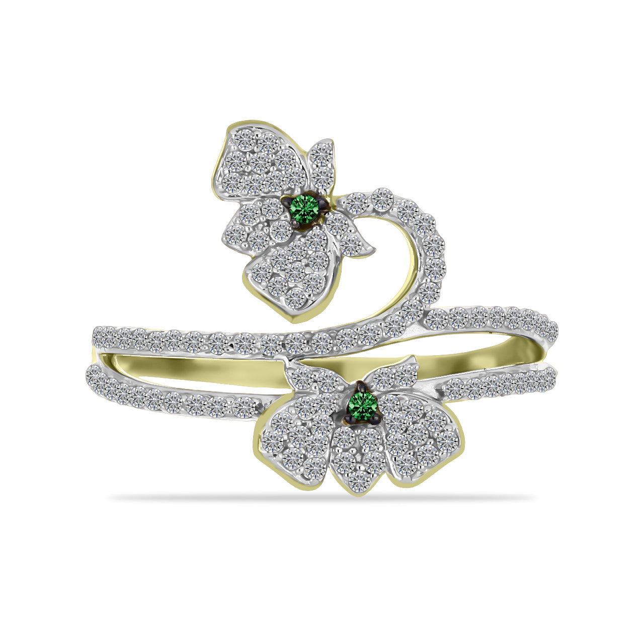 Anillo de Plata Bañada en Oro con Diamante Verde y Zircón Blanco