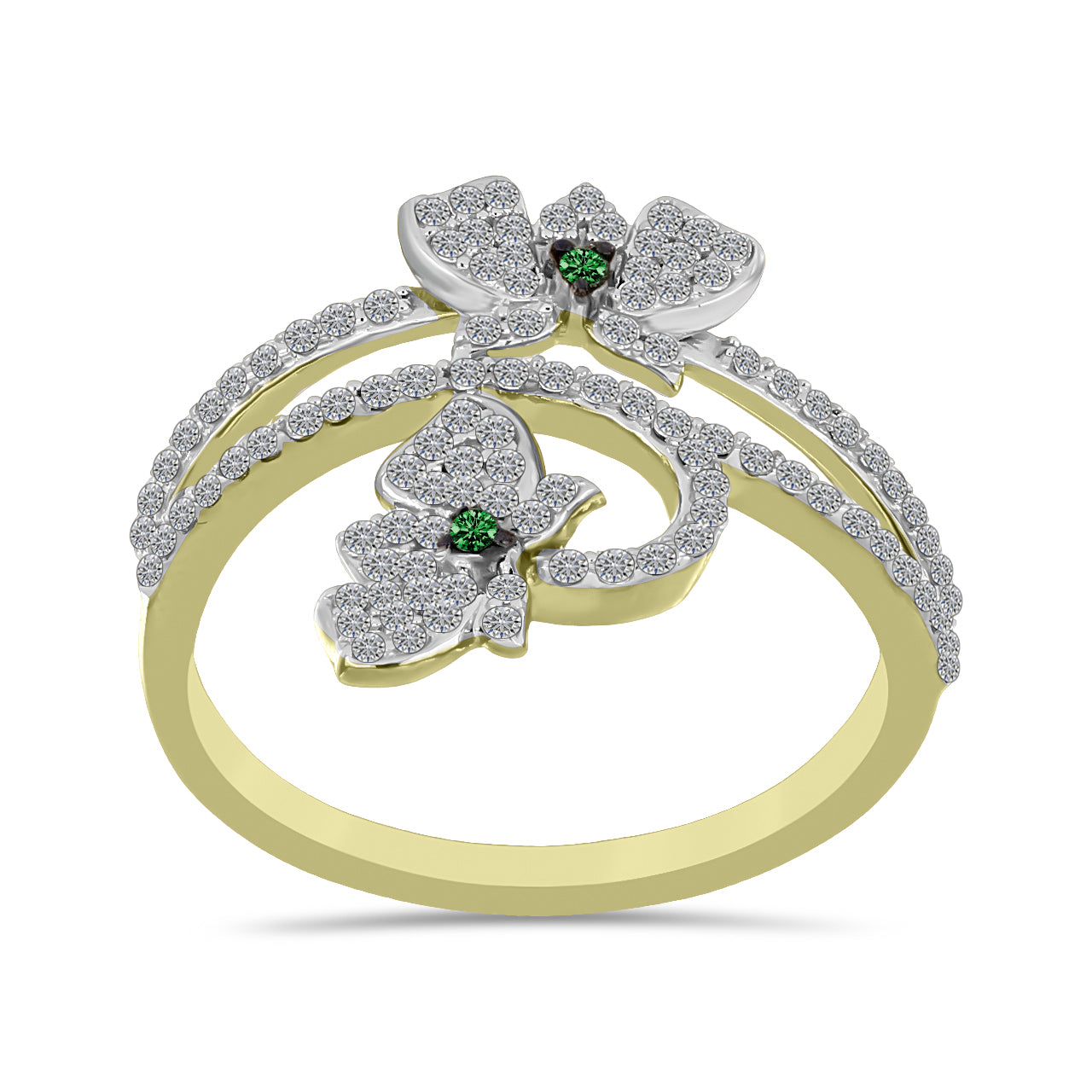 Anillo de Plata Bañada en Oro con Diamante Verde y Zircón Blanco 3 