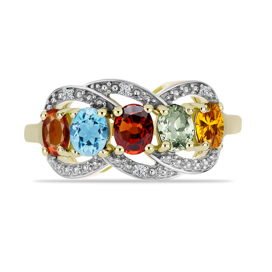 Anillo de Plata Bañada en Oro con Turmalina Arco Iris Pelmadulla y Diamante blanco