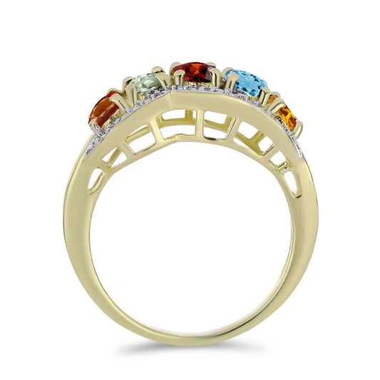 Anillo de Plata Bañada en Oro con Turmalina Arco Iris Pelmadulla y Diamante blanco