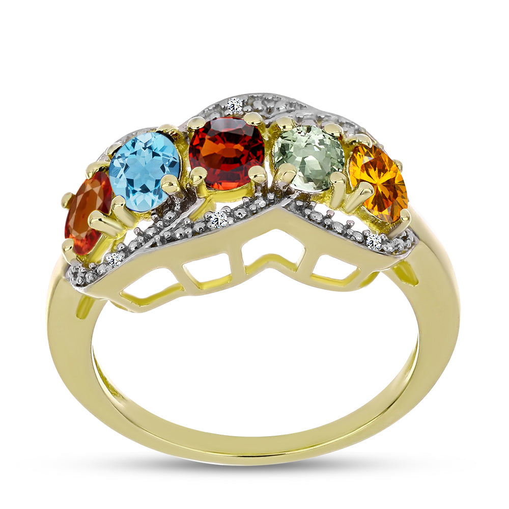 Anillo de Plata Bañada en Oro con Turmalina Arco Iris Pelmadulla y Diamante blanco