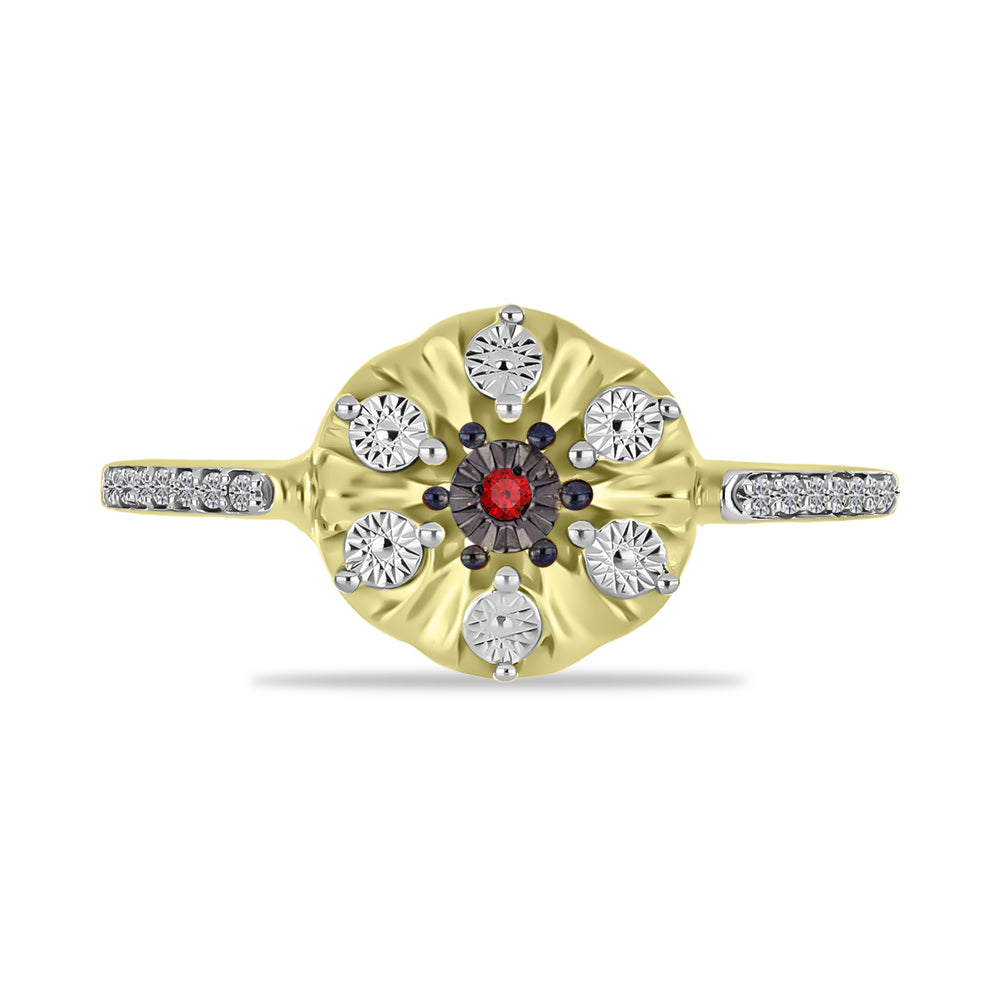 Anillo de Plata Bañada en Oro con Diamante Rojo y Zircón Blanco