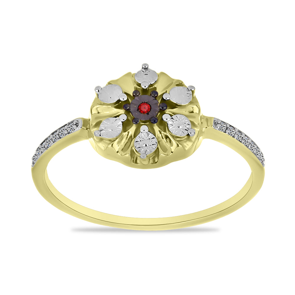Anillo de Plata Bañada en Oro con Diamante Rojo y Zircón Blanco