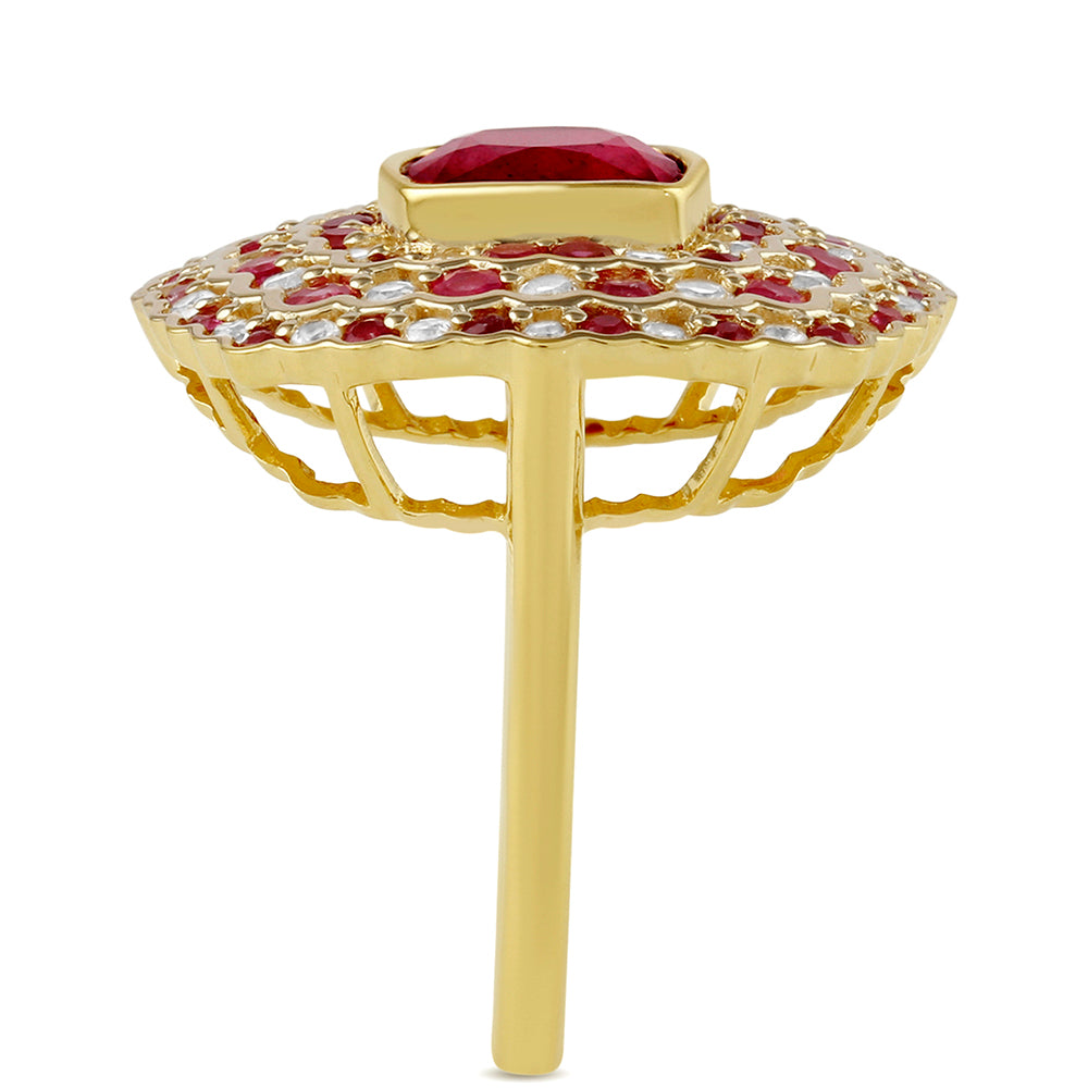 Anillo de Plata Bañada en Oro con Rubí de Tailandia y Topacio Blanco 3 