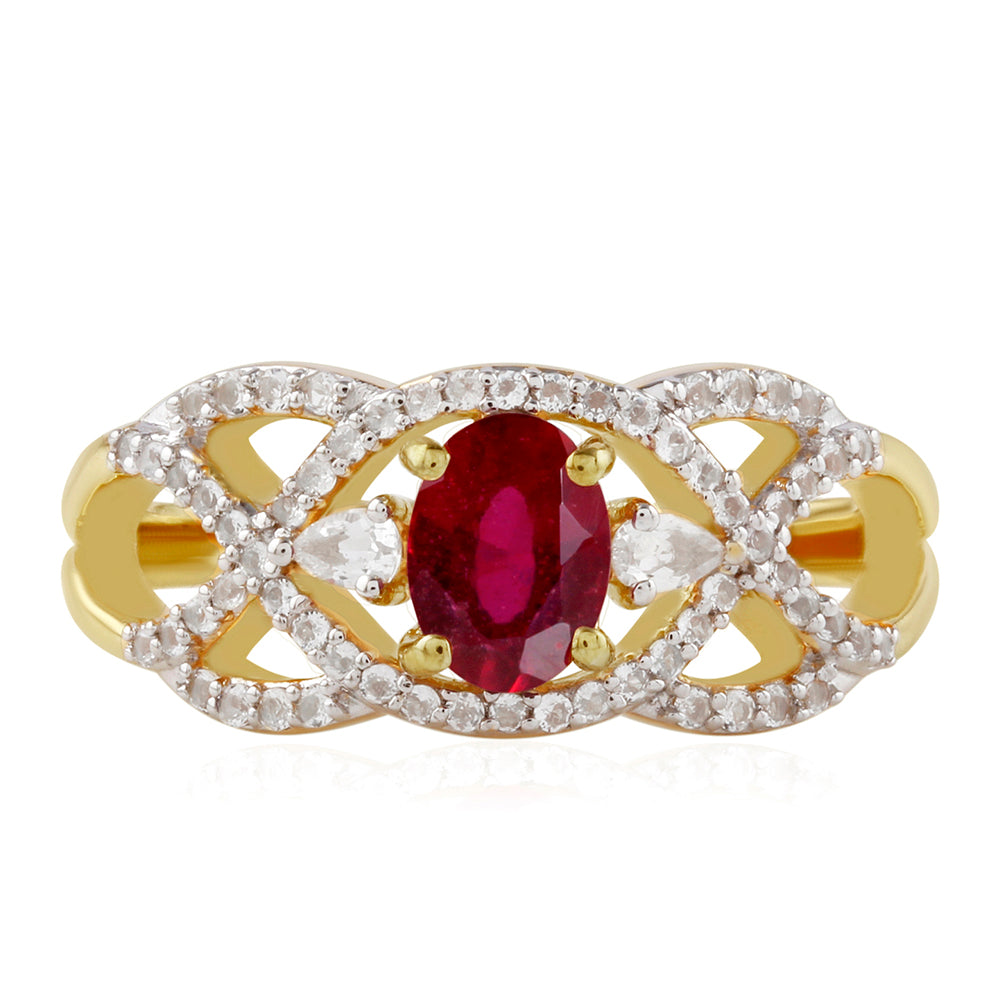Anillo de Plata Bañada en Oro con Rubí de Tailandia y Topacio Blanco