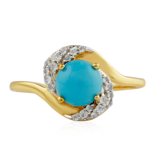 Anillo de Plata Bañada en Oro con Turquesa Bella Durmiente y Topacio Blanco