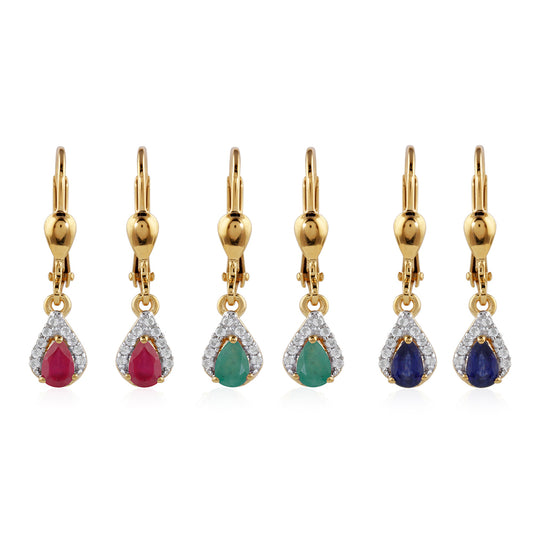 Conjunto de Plata Bañada en Oro con Rubí de Tailandia y Esmeralda de Brasil ( Pendientes )
