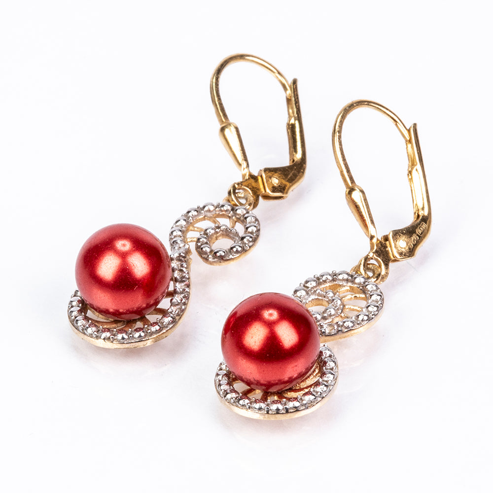 Pendientes de Plata Bañada en Oro con Perla roja de río y Topacio Blanco 3 