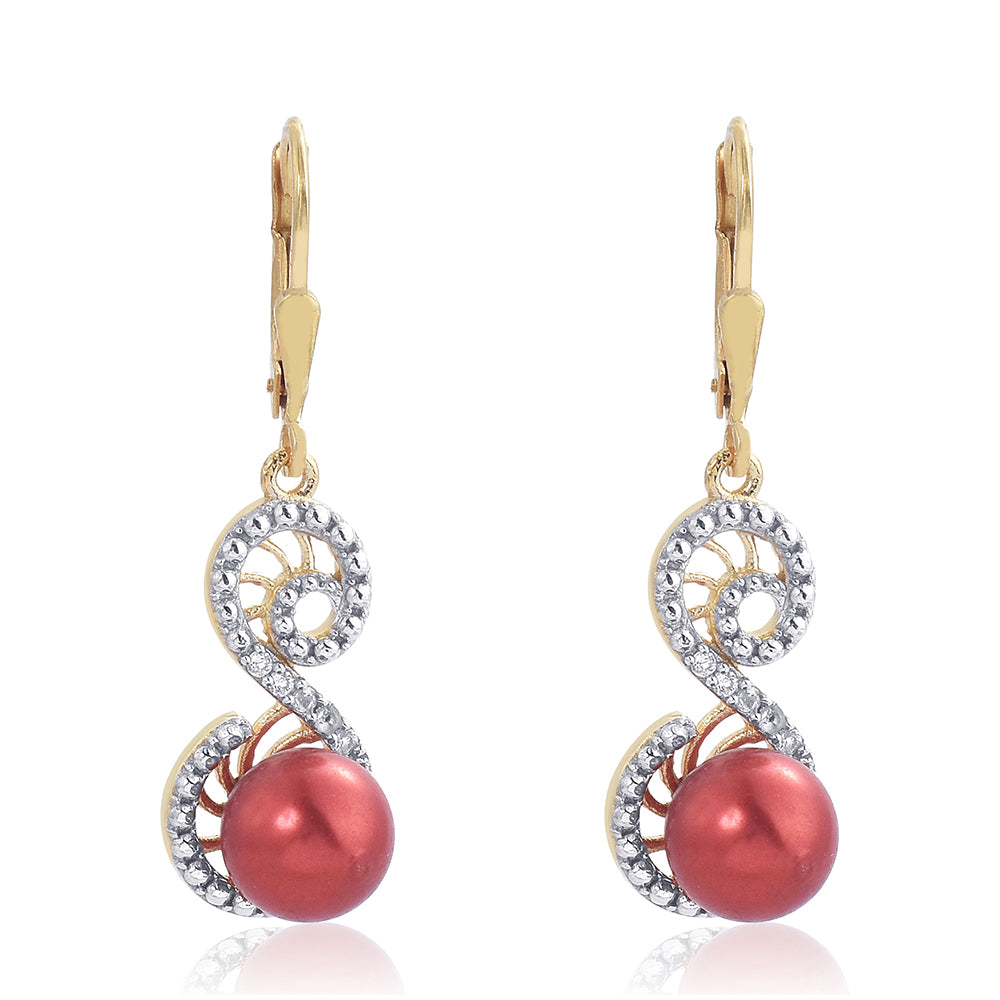 Pendientes de Plata Bañada en Oro con Perla roja de río y Topacio Blanco 2 