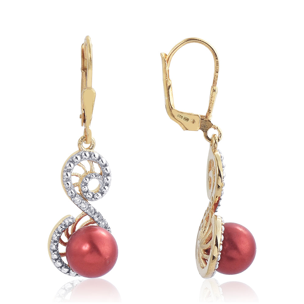 Pendientes de Plata Bañada en Oro con Perla roja de río y Topacio Blanco