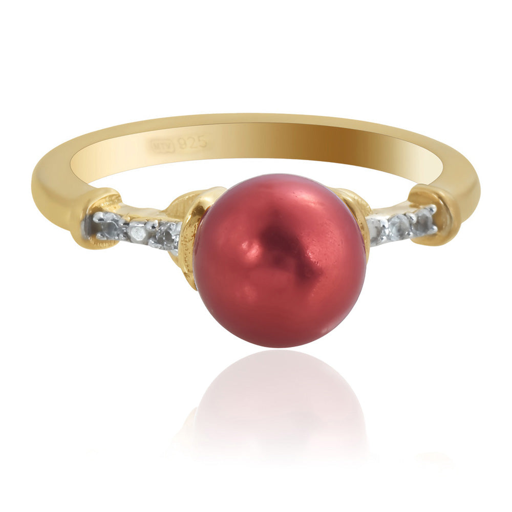 Anillo de Plata Bañada en Oro con Perla roja de río y Topacio Blanco 2 