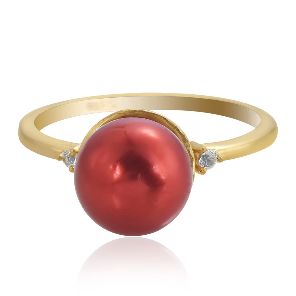 Anillo de Plata Bañada en Oro con Perla roja de río y Topacio Blanco 1 