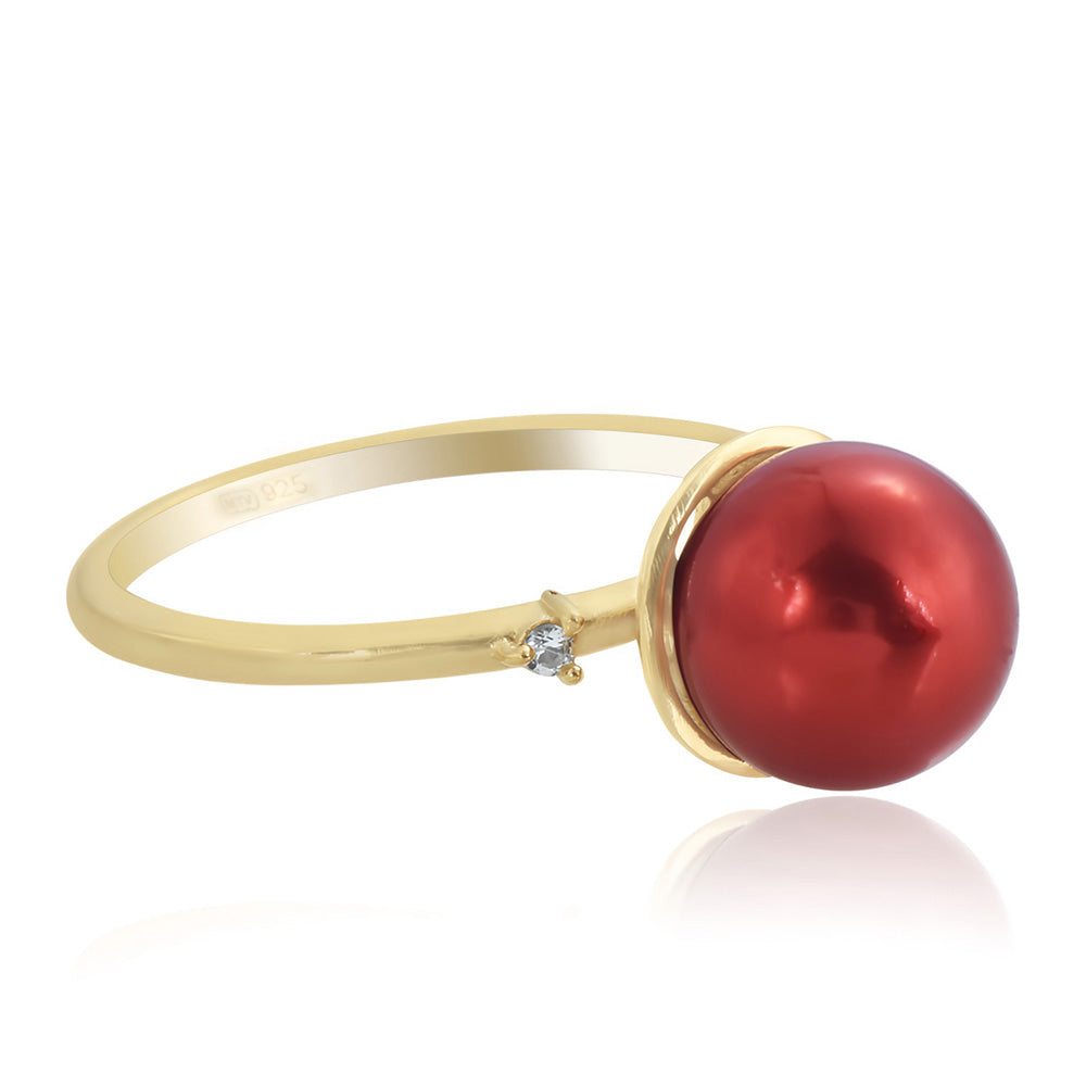 Anillo de Plata Bañada en Oro con Perla roja de río y Topacio Blanco 2 