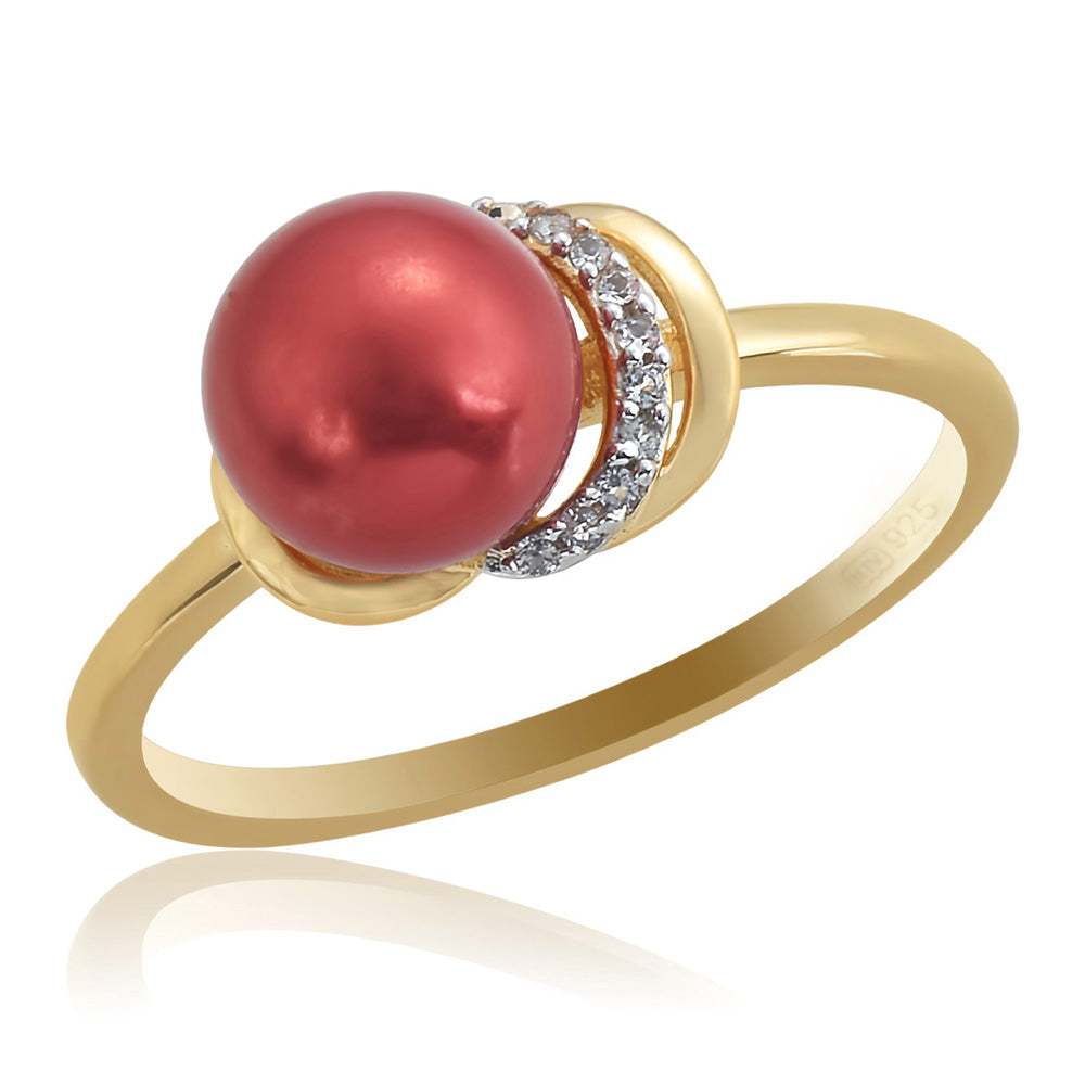 Anillo de Plata Bañada en Oro con Perla roja de río y Topacio Blanco 1 