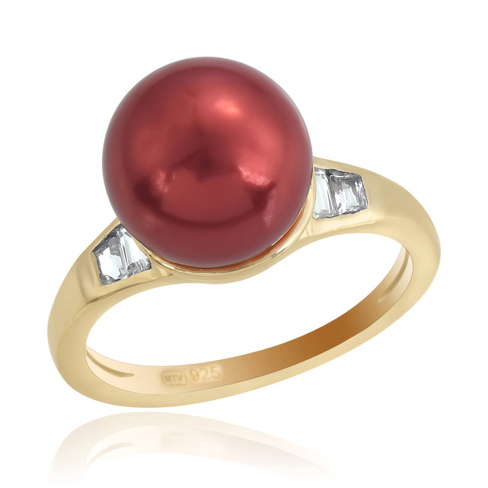 Anillo de Plata Bañada en Oro con Perla roja de río y Topacio Blanco 1 
