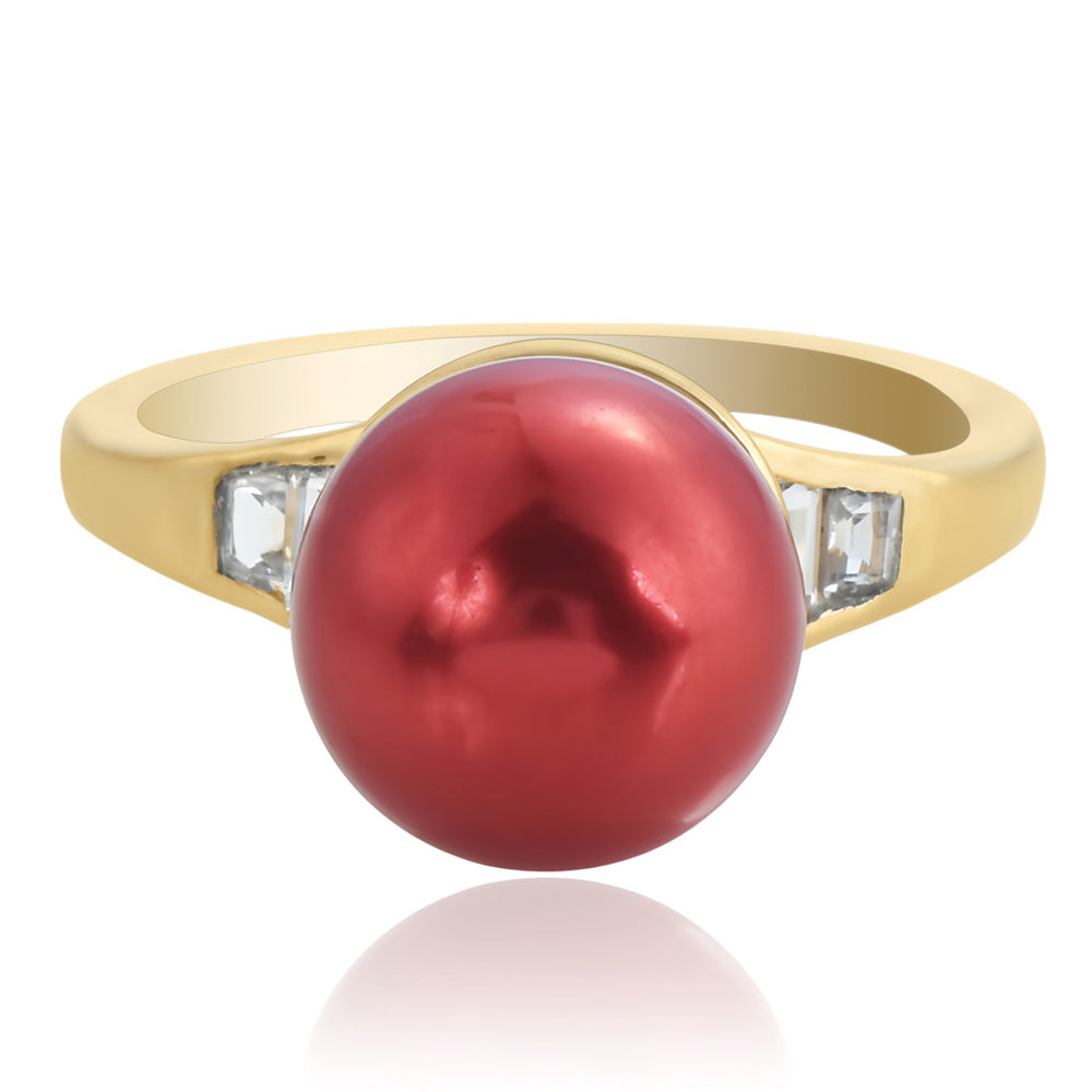 Anillo de Plata Bañada en Oro con Perla roja de río y Topacio Blanco 4 