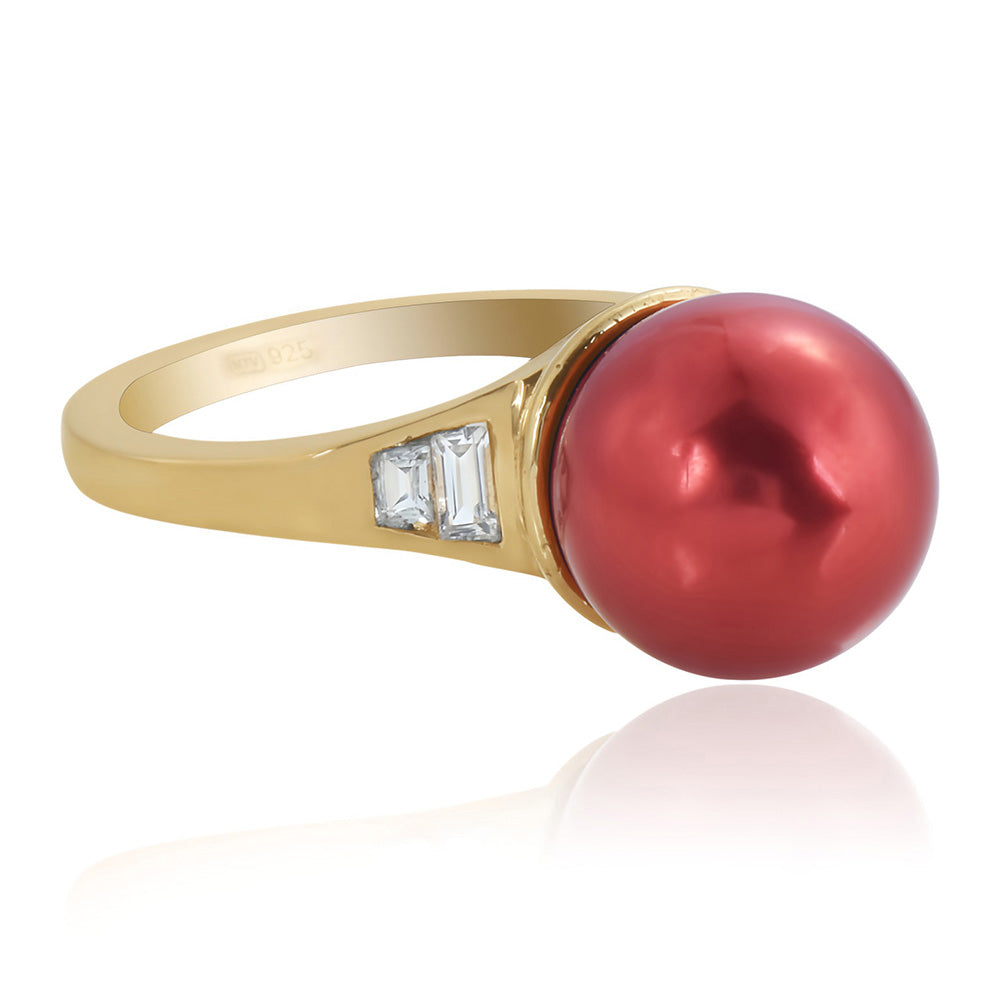 Anillo de Plata Bañada en Oro con Perla roja de río y Topacio Blanco 5 