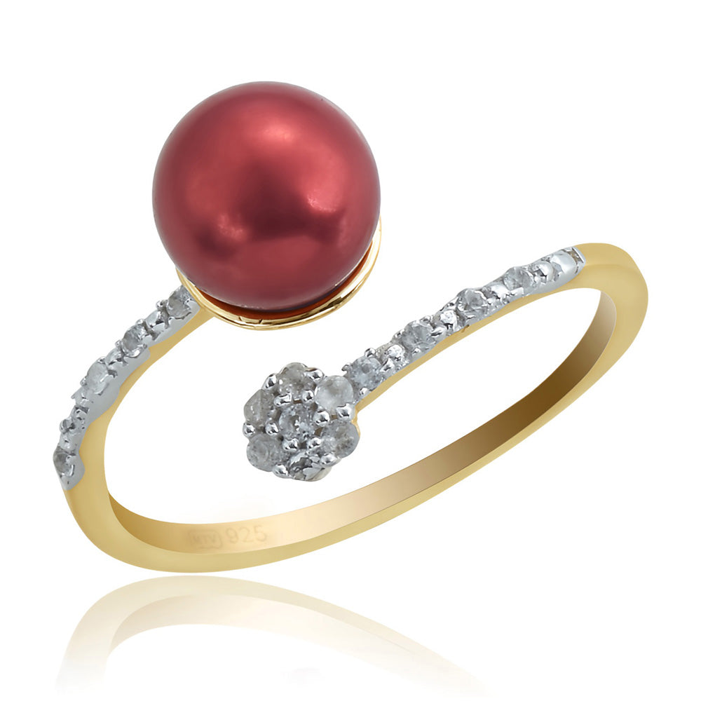 Anillo de Plata Bañada en Oro con Perla roja de río y Topacio Blanco 1 