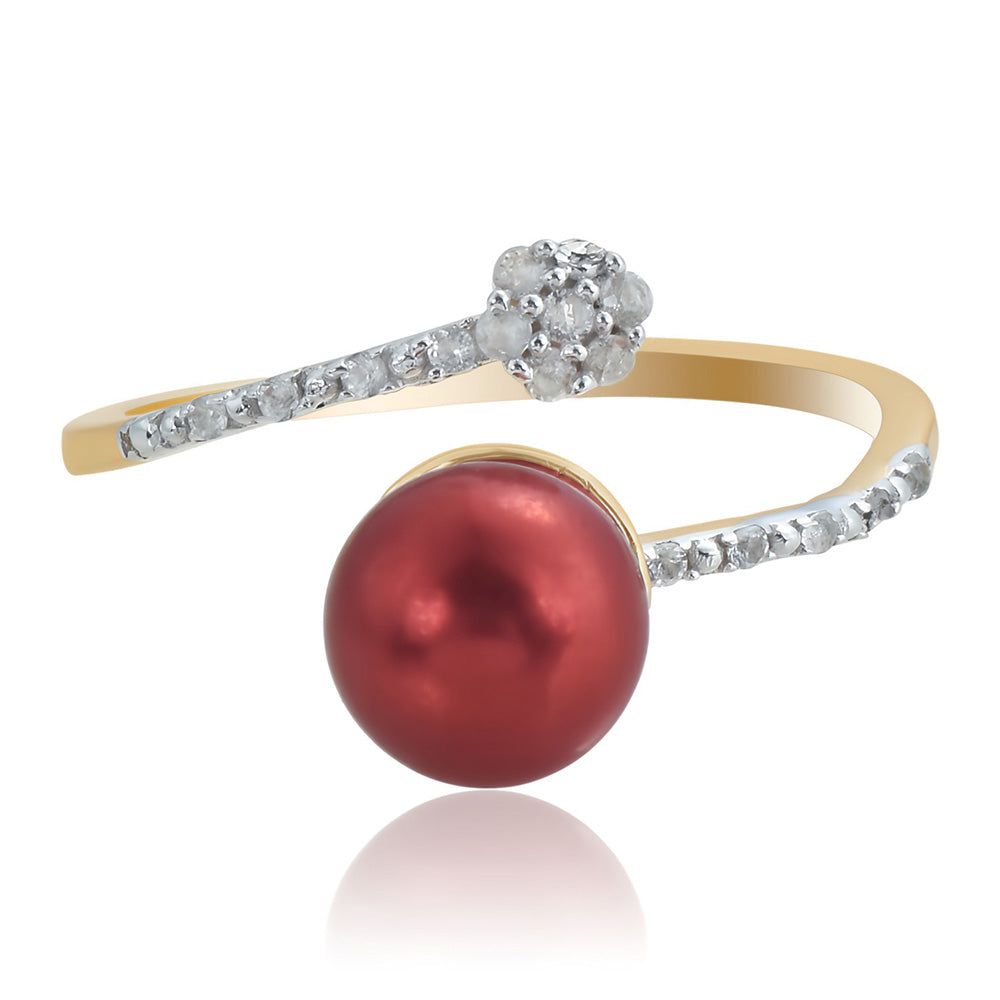 Anillo de Plata Bañada en Oro con Perla roja de río y Topacio Blanco 2 