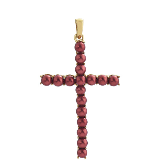 Cruz Colgante de Plata Bañada en Oro con Perla roja de río