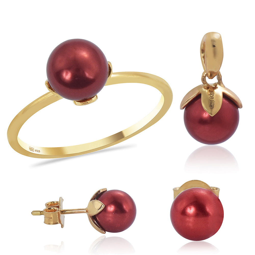 Conjunto de Plata Bañada en Oro con Perla roja de río ( Pendientes +Anillo +Colgante ) 13 