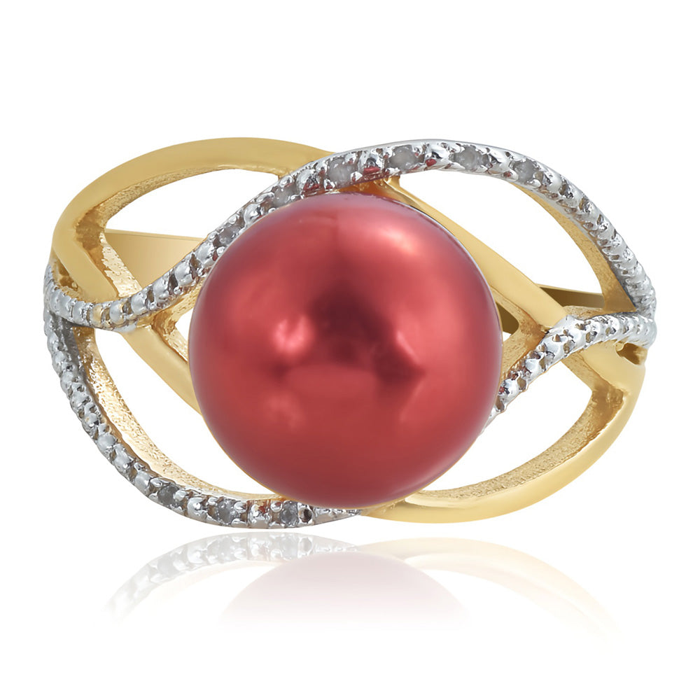Anillo de Plata Bañada en Oro con Perla roja de río y Topacio Blanco 3 