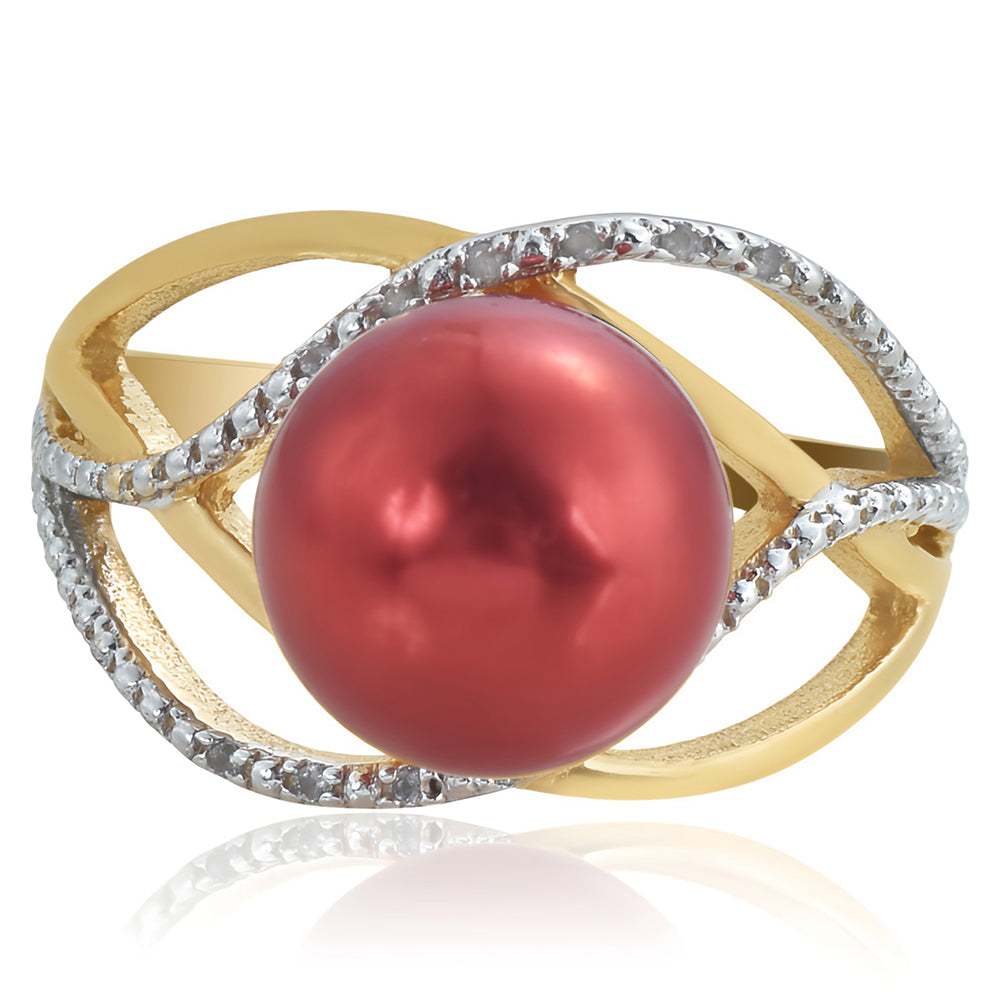 Anillo de Plata Bañada en Oro con Perla roja de río y Topacio Blanco 2 