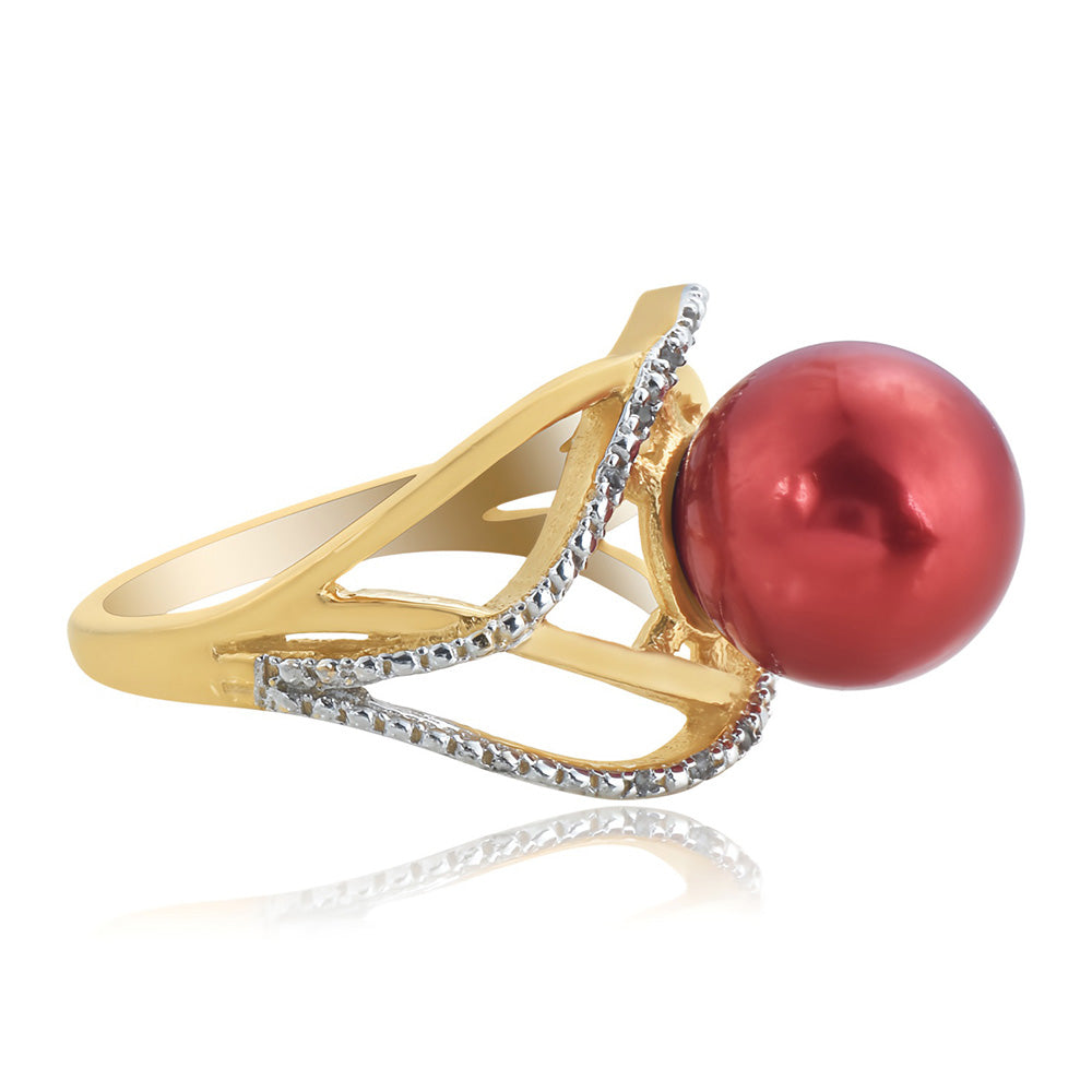 Anillo de Plata Bañada en Oro con Perla roja de río y Topacio Blanco 4 