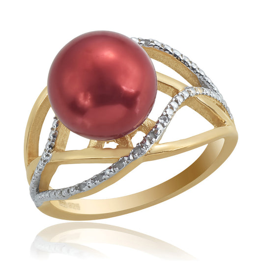Anillo de Plata Bañada en Oro con Perla roja de río y Topacio Blanco